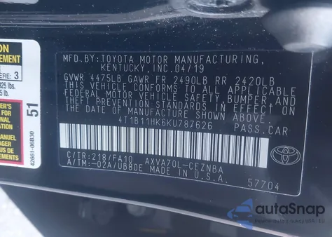 2019 Toyota Camry Le from USA, damaged, VIN 4T1B11HK6KU787626